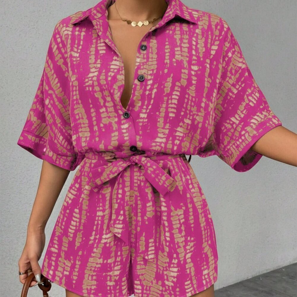 Multicolor Casual Women's Printed Batwing Sleeve Tie Collar Jumpsuit